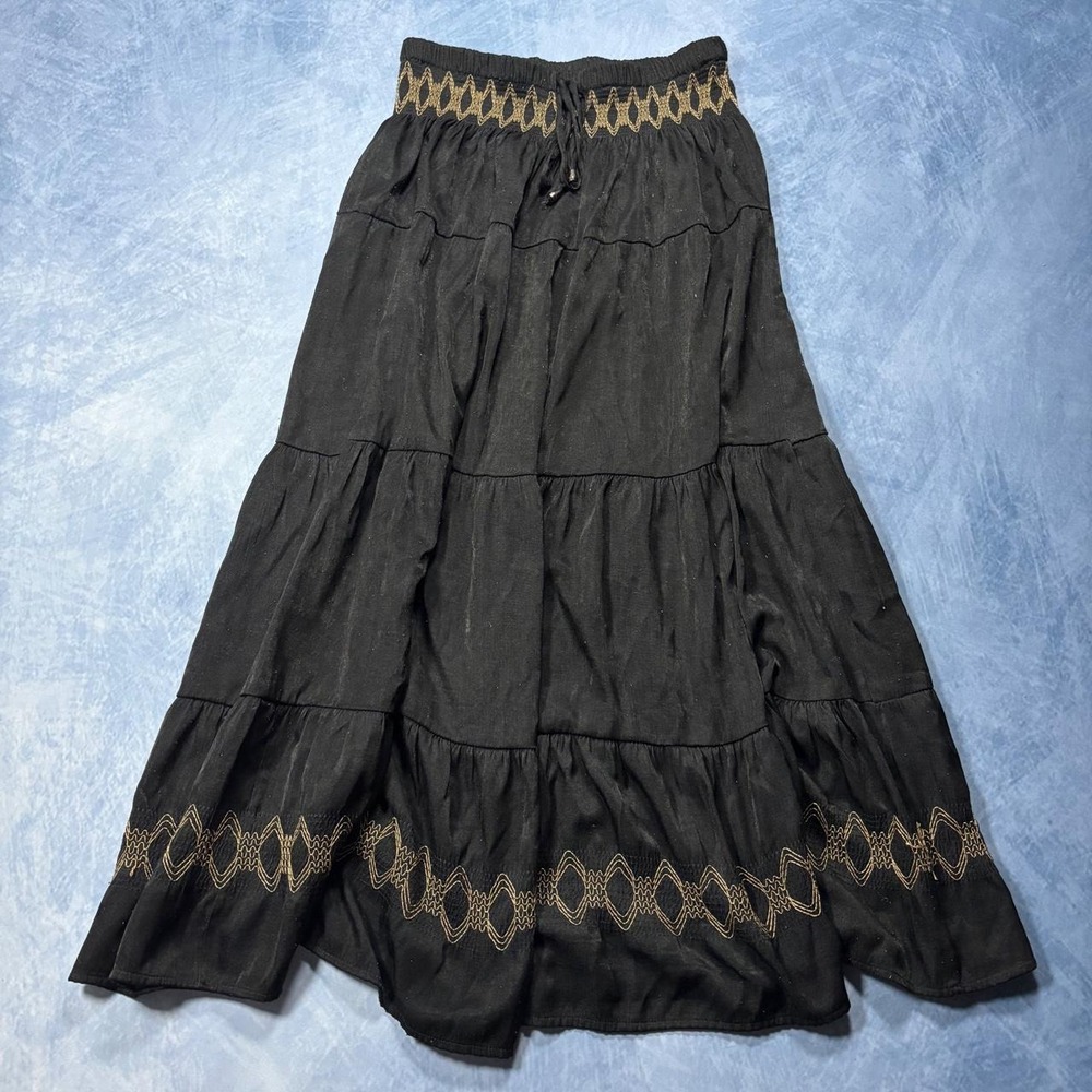 2000s style Black maxi skirt with gold embroidery